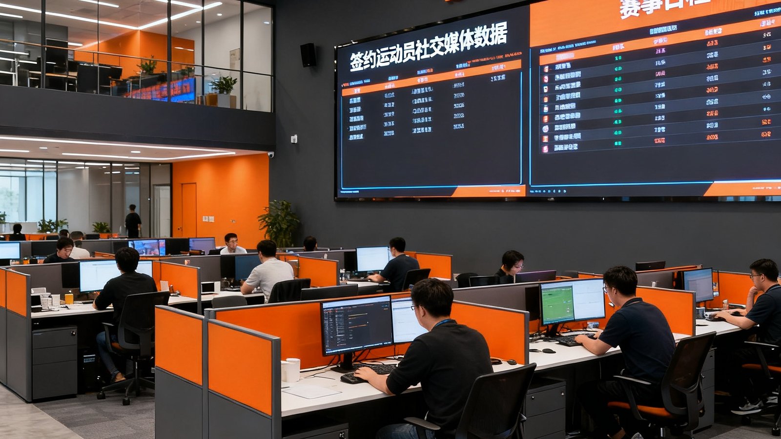 beat365北京总部开放式办公区，数十位团队成员在工位上专注工作，墙面上悬挂着大型电子屏幕实时滚动显示签约运动员的社交媒体数据和赛事日程，空间设计以深灰色和橙色为主调，充满现代体育科技公司氛围