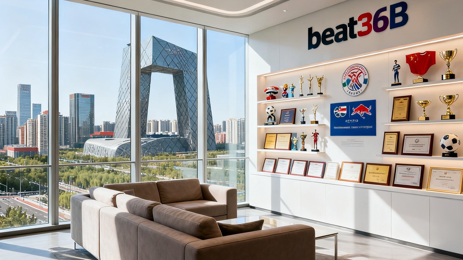 beat365商务接待区全景，宽敞明亮的空间中布置着舒适的沙发和公司荣誉墙，墙上展示着各种赛事合作纪念品和获奖证书，窗外是北京奥林匹克商务区的城市景观
